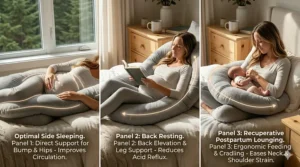 Infographic panel detailing recommended side sleeping positions using a full body pregnancy pillow to improve prenatal circulation.