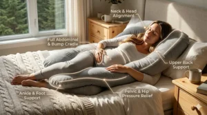 Diagram showing the ergonomic support zones of a U-shaped full body pregnancy pillow for back and belly alignment.