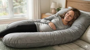 Illustration showing how a U-shaped pregnancy pillow aligns the neck, spine, hips, and belly for expecting mothers.