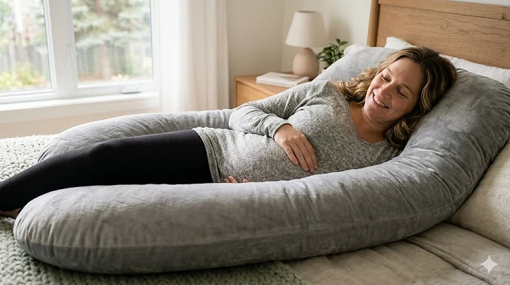 A pregnant woman sleeping comfortably in a cozy bedroom, using a white U-shaped pregnancy pillow for full-body back and belly support.