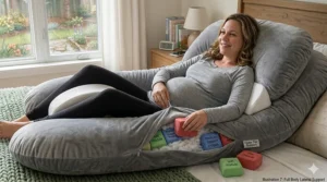 Cross-section illustration of the high-density microfiber filling inside a supportive U-shaped pregnancy pillow.