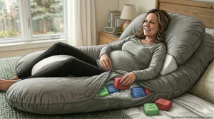 Graphic of a pregnant person sitting up in bed, using a folded U-shaped pregnancy pillow for lumbar back support while reading.