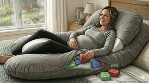 Close-up technical illustration of a hidden zipper on a U-shaped pregnancy pillow cover for easy machine washing.
