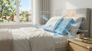 Technical cross-section illustration of a ventilated cooling pillow showing blue airflow arrows circulating through engineered ventilation holes to regulate sleep temperature.