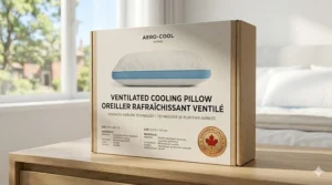 Bilingual retail packaging illustration for a Canadian ventilated cooling pillow featuring product descriptions in both English and French text with a subtle quality seal.