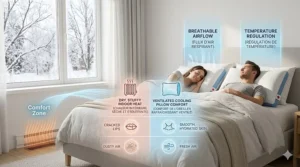 Comfort matrix graphic explaining how a ventilated cooling pillow maintains ideal breathability when dry winter indoor heating creates stuffy sleeping conditions