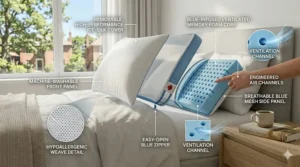 Exploded view illustration detailing the hypoallergenic, machine-washable ice silk cooling cover zipped around a perforated ventilated cooling pillow core.