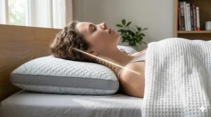 Icon-style illustration showing a removable, machine-washable cover for a breathable cooling pillow.