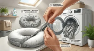 Line art illustration of a removable, machine washable cover being unzipped from a white C shaped pregnancy pillow.