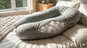 Technical drawing of a full body pregnancy pillow featuring a durable, machine-washable outer cover with a concealed zipper.