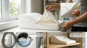 Step-by-step graphic illustrating how to unzip and machine-wash the removable hypoallergenic cover of the maternity wedge pillow.