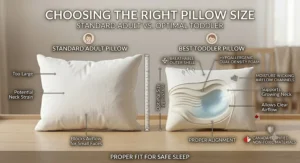 Diagram showing the ideal size of a toddler pillow for sleep.