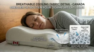 Detailed view of breathable cooling fabric and moisture-wicking open-cell technology on a supportive pillow.