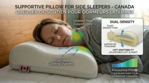 Side sleeper pillow diagram featuring adjustable dual-density loft and cervical support zones.