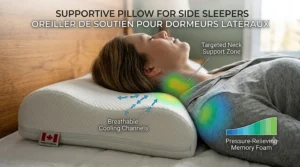 Illustration of a supportive pillow for side sleepers showing neck support zones and pressure relief.
