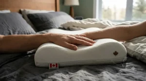 Diagram showing neutral spinal alignment for a side sleeper using a contoured pillow.