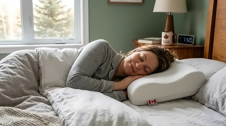 A woman sleeping comfortably on a supportive pillow for side sleepers, highlighting neck alignment in a sunlit Canadian bedroom.