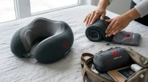 Illustration demonstrating the adjustable front strap mechanism for a perfect, secure fit on a travel pillow.
