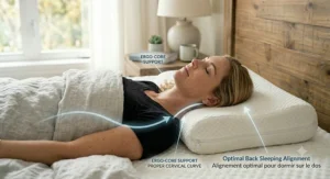 Bonne posture sur le dos avec un oreiller malléable pour soulager les douleurs au cou.