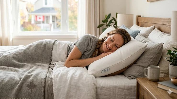 Person resting comfortably on the best customizable pillow in a Canadian home.