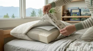 Macro illustration showing the active airflow and breathable technology of the memory foam travel pillow.
