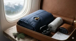 Compact, deflated neck inflatable travel pillow for airplane storage.