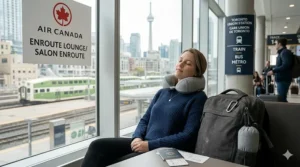 Convenient compact travel pillow clipped to the outside of a backpack for easy transport.