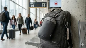 Close-up of the breathable, soft-touch fabric on a premium compact travel pillow.