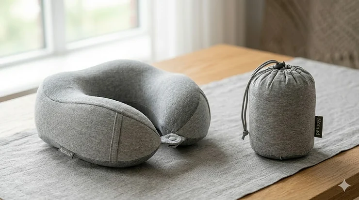 Traveler resting comfortably with a compact travel pillow on a flight to Canada.