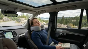 Steps showing how to fold and pack your compact travel pillow for easy storage.