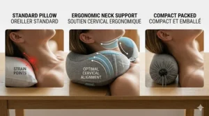 Comparison showing a compact travel pillow compressed for packing versus fully expanded.
