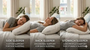 Side-by-side comparison of side, back, and stomach support for the pillow.