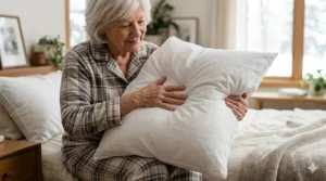 EN: Ergonomic support provided by an easy care pillow for seniors.