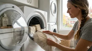 Person zipping open the cover of the best customizable pillow for easy washing.