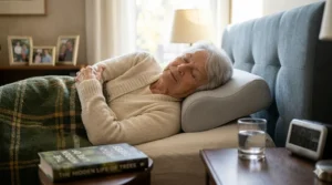 Senior relaxing with a supportive pillow for elderly neck alignment. / Aîné se relaxant avec un oreiller de soutien pour l'alignement du cou des personnes âgées.