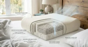 Coupe transversale montrant la structure ergonomique de l'oreiller malléable pour douleurs au cou.