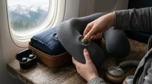 Ergonomic design of the neck inflatable travel pillow for airplane use.