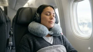 Ergonomic neck support for airplane seats, perfect for trans-Atlantic travel.