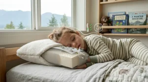 Illustration showing proper neck alignment with an ergonomic hypoallergenic pillow for toddlers.