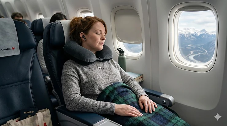 A resting traveler uses a contoured memory foam travel pillow on a Canadian flight.