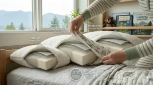 Size comparison chart for choosing the right hypoallergenic pillow for different child ages.