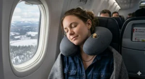 Lightweight neck inflatable travel pillow packed in a travel bag for airplanes.