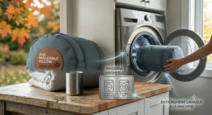 Illustration indiquant que l'oreiller malléable pour douleurs au cou est lavable à la machine.