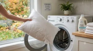 A machine washable pillow being placed into a home washing machine.