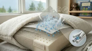 Visual representation of moisture-wicking technology in a hypoallergenic pillow for active kids.