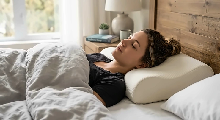 Personne se reposant confortablement sur un oreiller malléable pour soulager les douleurs au cou. moldable pillow for neck pain