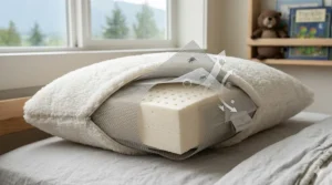 Cutaway view showing the natural latex core of a hypoallergenic pillow for kids.