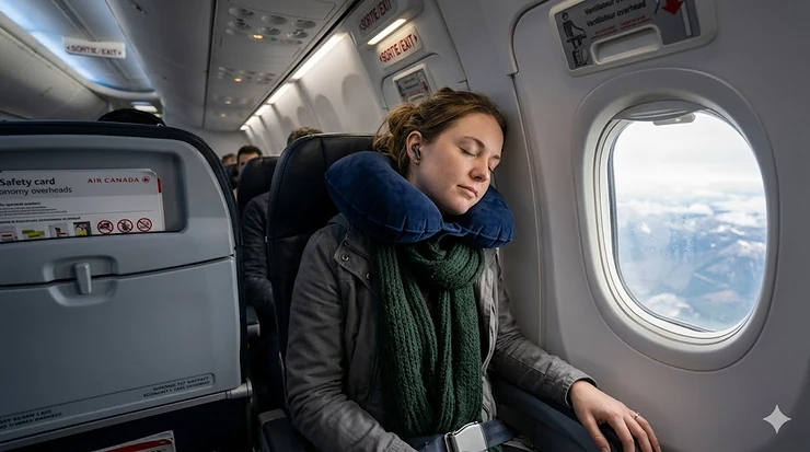 Person using an inflatable travel pillow for airplane comfort, neck support.