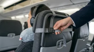 Secure neck pillow with attachment strap to prevent head slouching on planes.