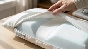 EN: Breathable fabric design on an easy care pillow for seniors.